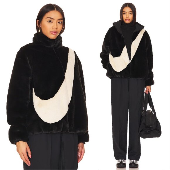 NIKE Faux Fur Plush Swoosh Teddy JACKET Size L Oversized Black Fossil Logo NEW - Picture 4 of 12